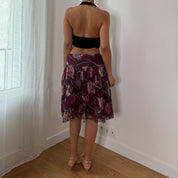 Vintage Sisley Burgundy Floral Silk Mesh Skirt (S) ⠀