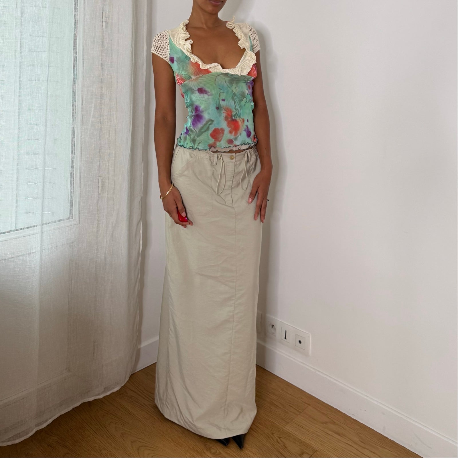Sonia Fortuna Italian vintage turquoise floral mesh top with crochet ruffle neckline & cap sleeves