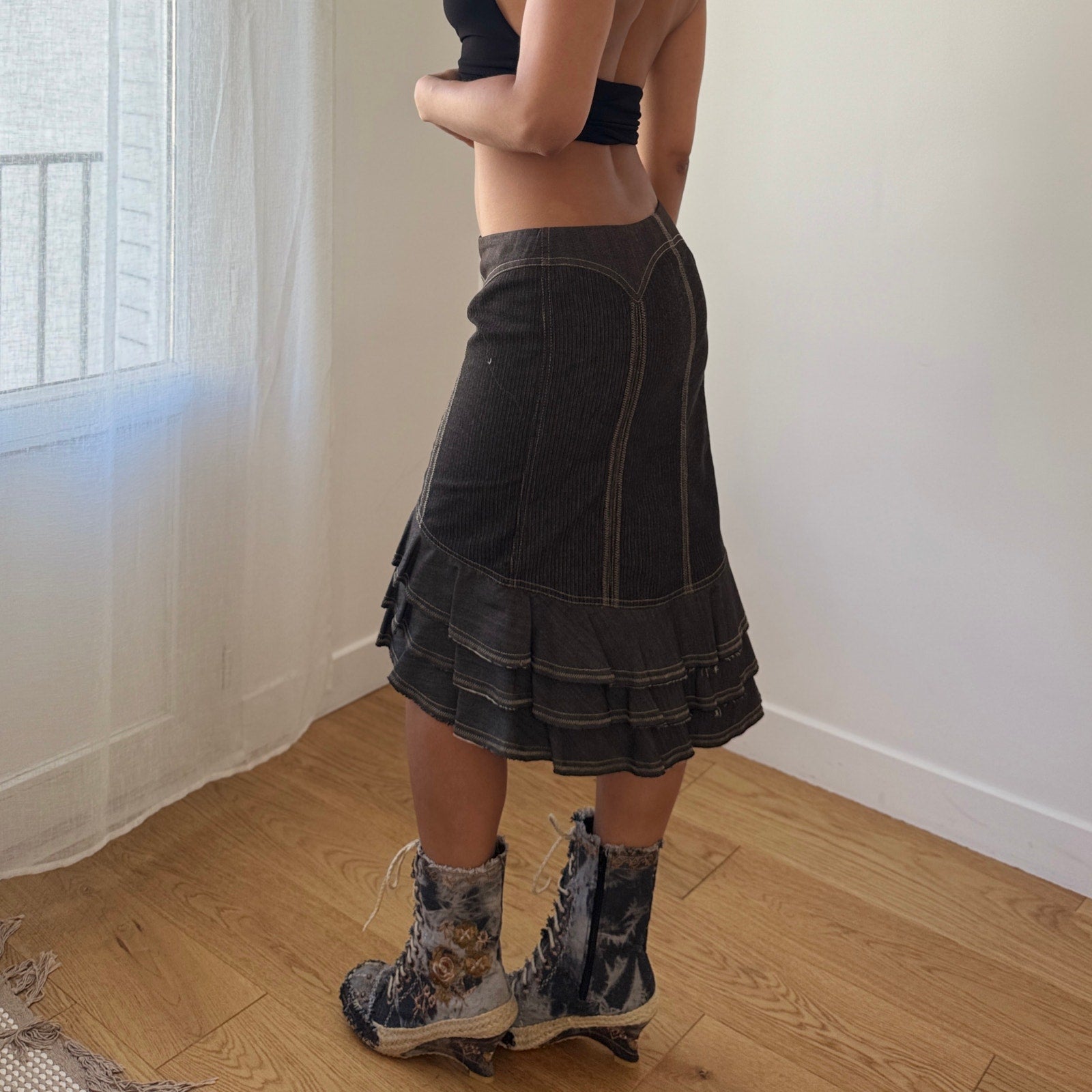 Vintage Denim Embroidered Lace-Up Wedge Boots (EU 38 / US 8)