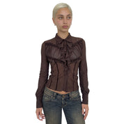 Vintage Chocolate Brown Mesh Ruffle Blouse (S)