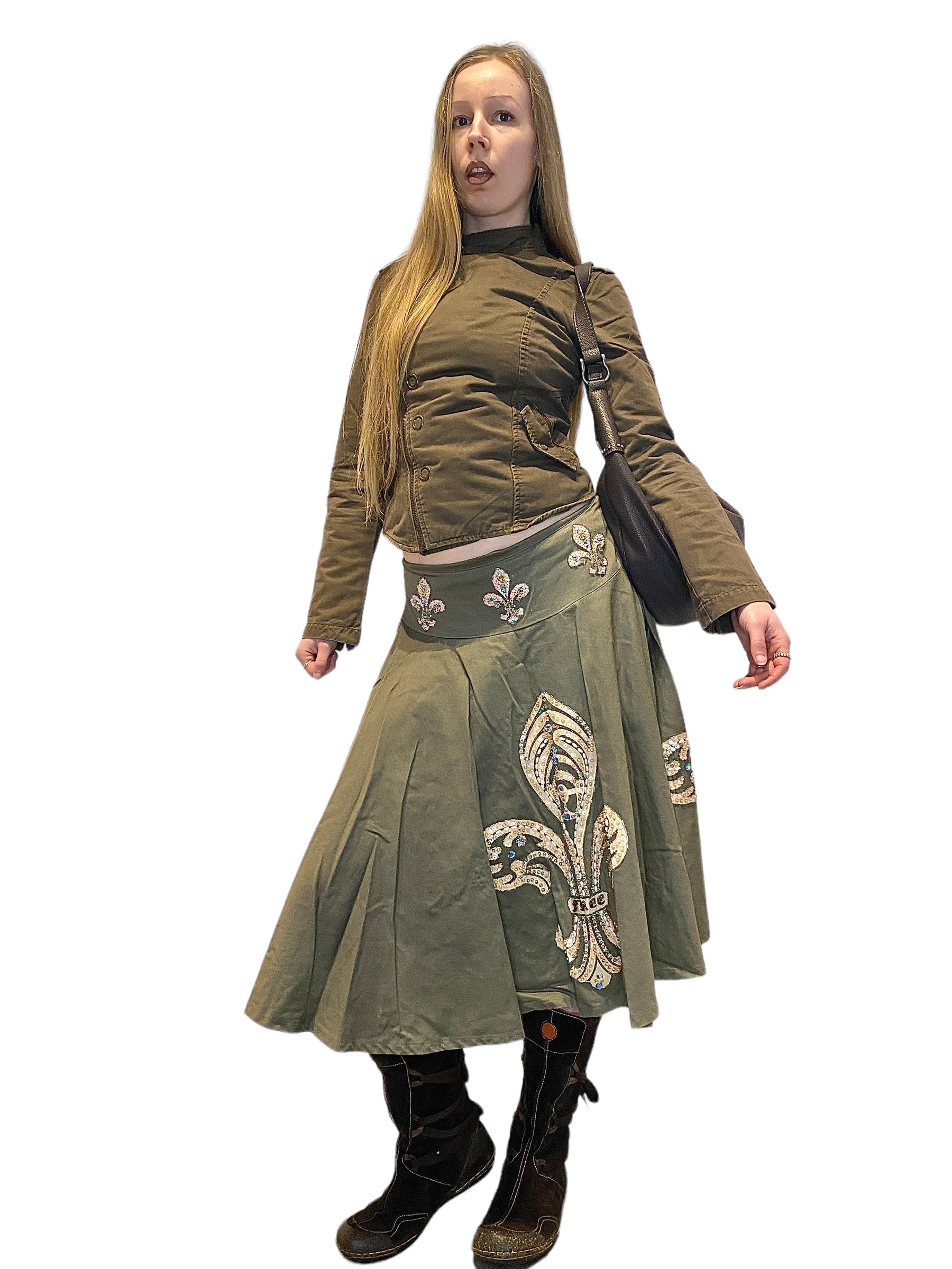 Vintage Graphic Print Embroidered Midi Skirt (M)
