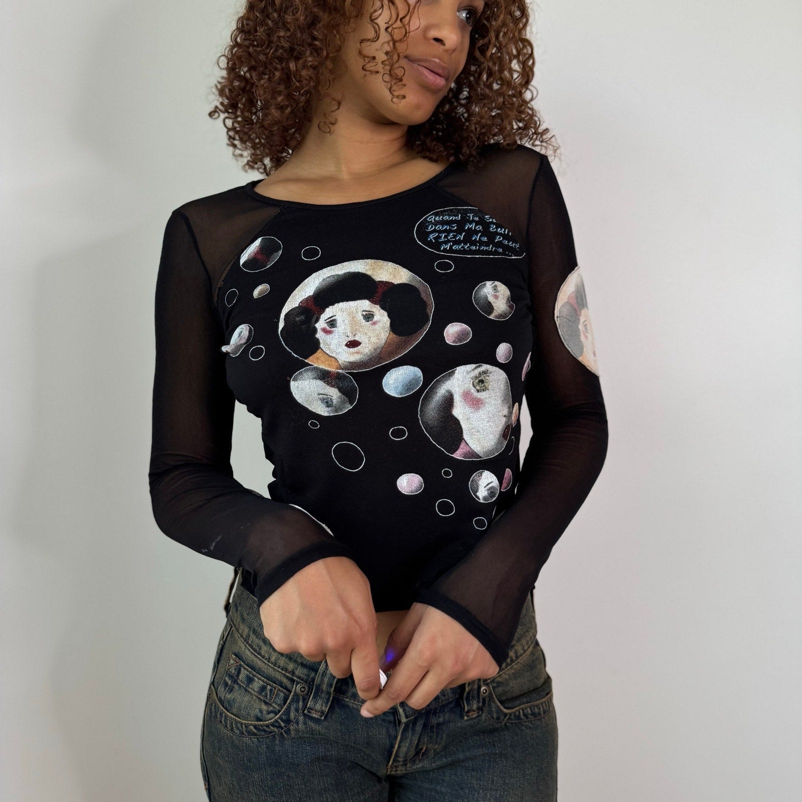 Vintage Black Graphic Mesh Long Sleeve Top (S)