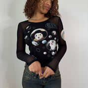 Vintage Black Graphic Mesh Long Sleeve Top (S)