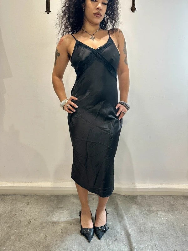 Vintage Black Silk Lace Slip Midi Dress (S)