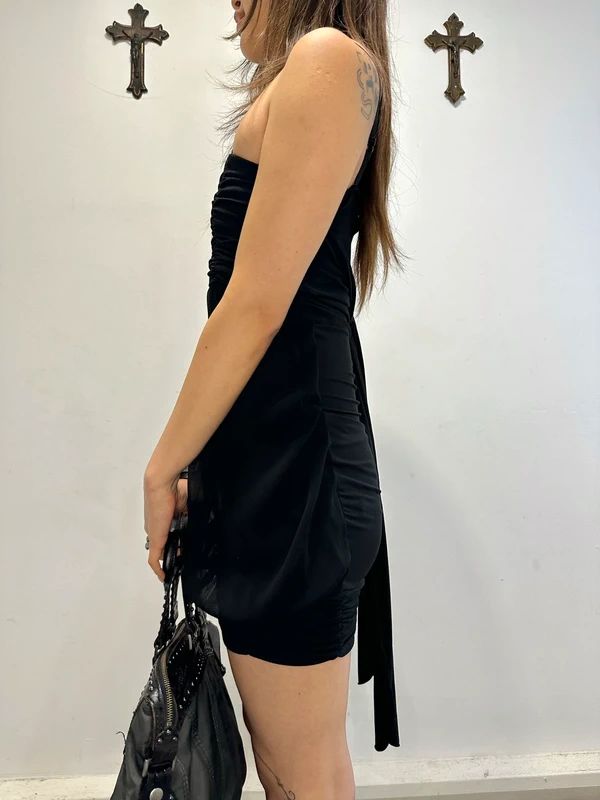 designer black mini dress Signature of the Sun with Lace Corset Embellished square Women's Black Designer Mini Dresses