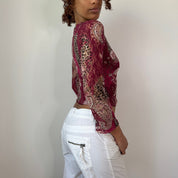 Vintage Floral Cheetah Lace Top Ruffle Trim Long Sleeve (S)