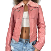 90s pink leather jacket fur trim (XS/S)