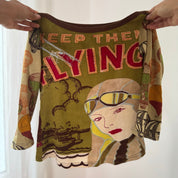 Euro vintage 00s olive green illustrated graphic top with lettering & retro aviator print