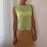 Italian vintage 00s lime green sheer mesh top with silver glitter script