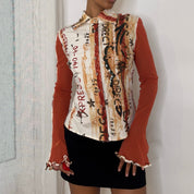 Sonia Fortuna Italian vintage rust orange graphic print mesh top with sequins