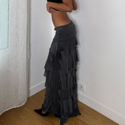 Italian vintage charcoal grey tiered maxi skirt with silk mesh ruffles