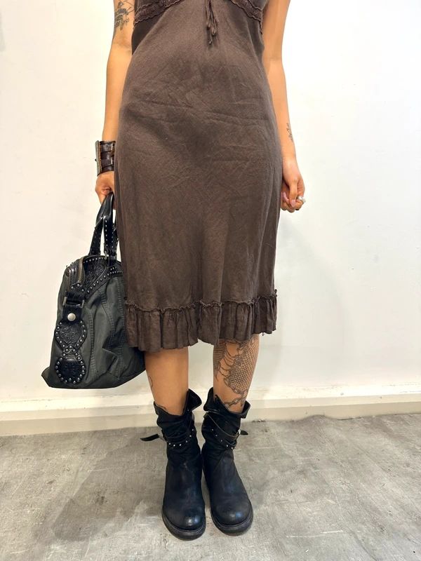 Vintage 90s Italian Linen Ruffle Midi Dress (S/M)