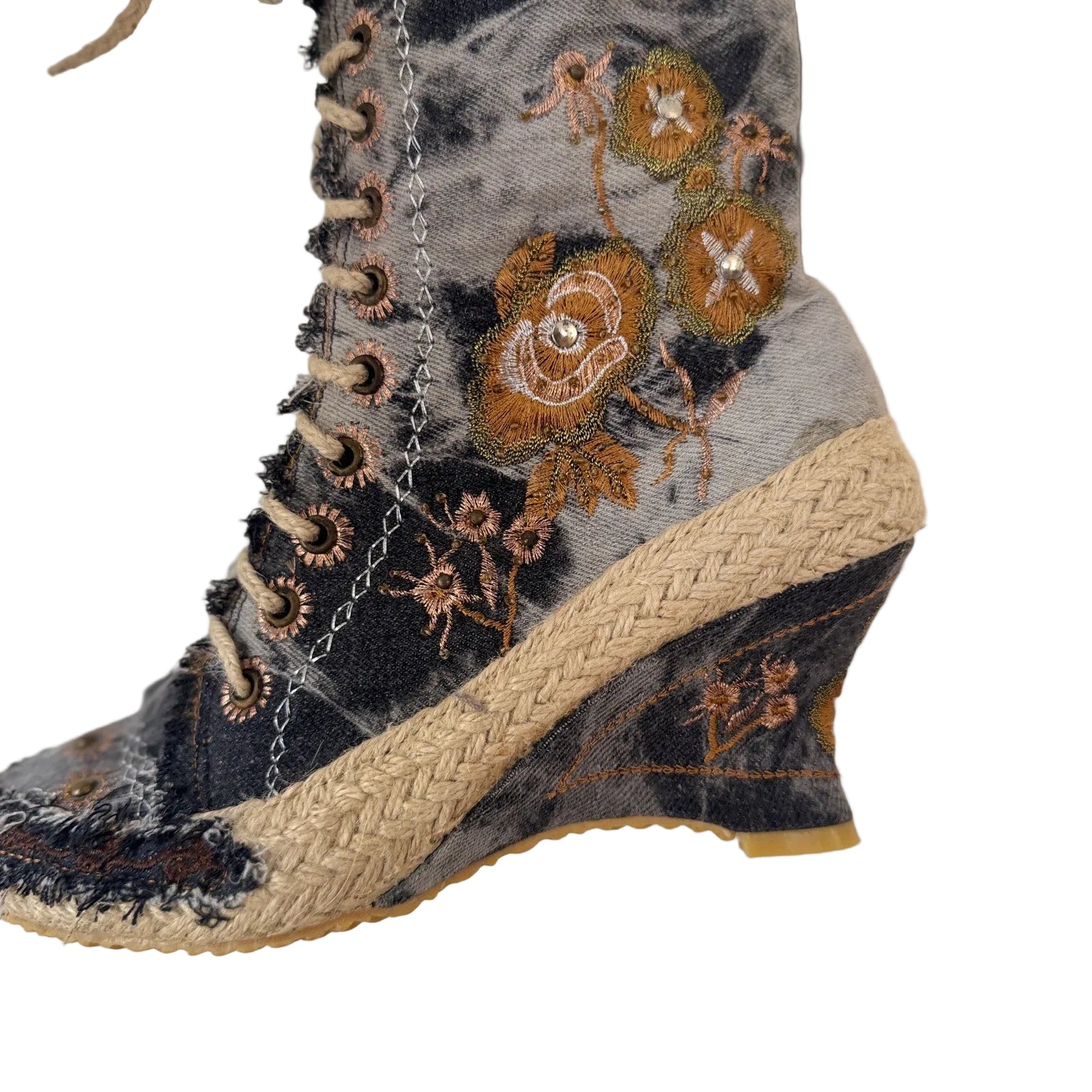 Vintage Denim Embroidered Lace-Up Wedge Boots (EU 38 / US 8)
