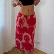 Italian Vintage Red Beige Portrait Face Print Midi Skirt (S)