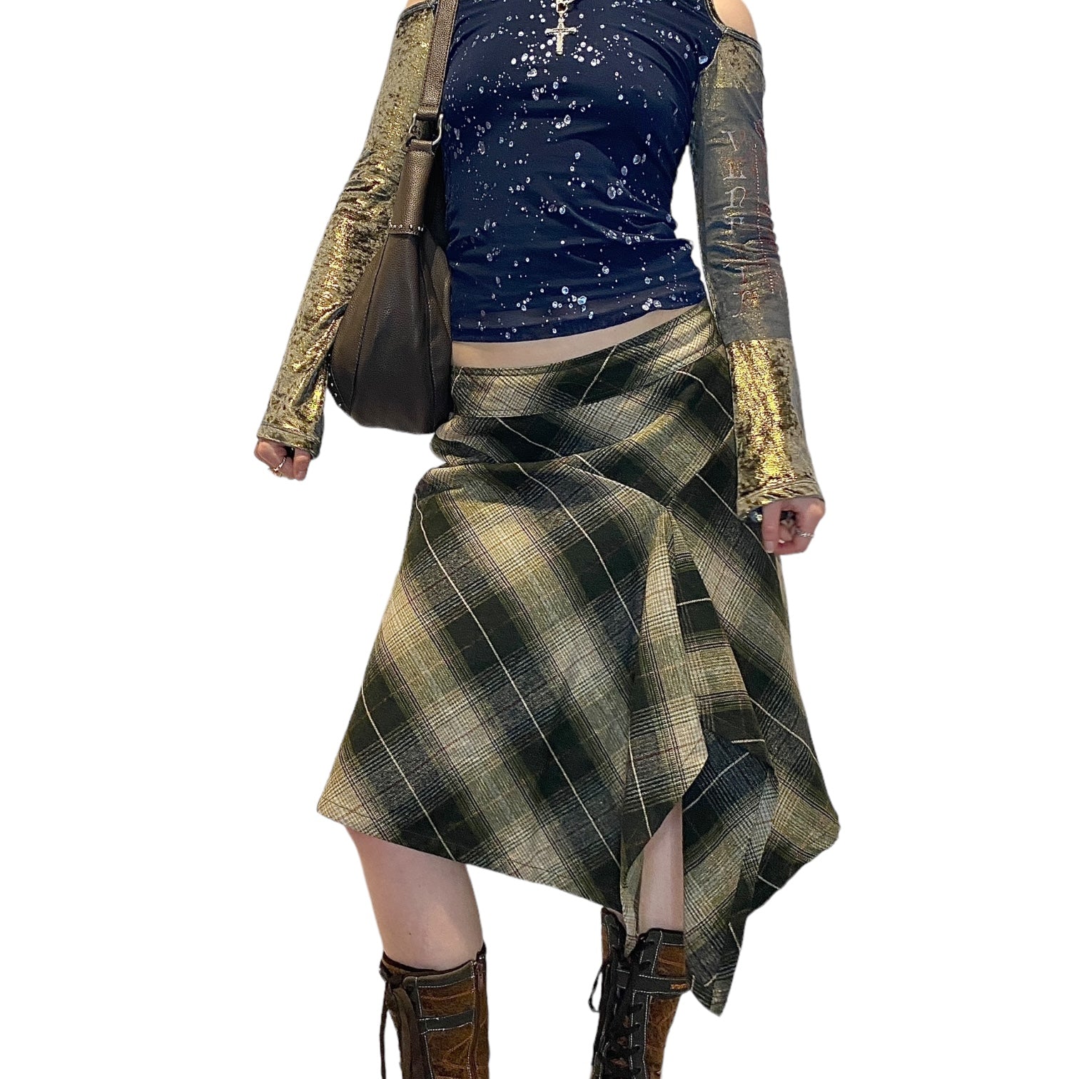 90s Checkered Asymmetrical Midi Skirt (M)