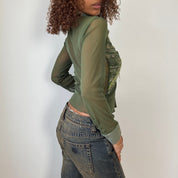 Vintage Italian Olive Sheer Mesh Button up Top (S)