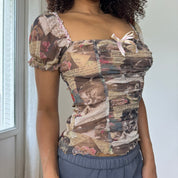 Vintage Italian Mesh Letter Print Top (XS/S)