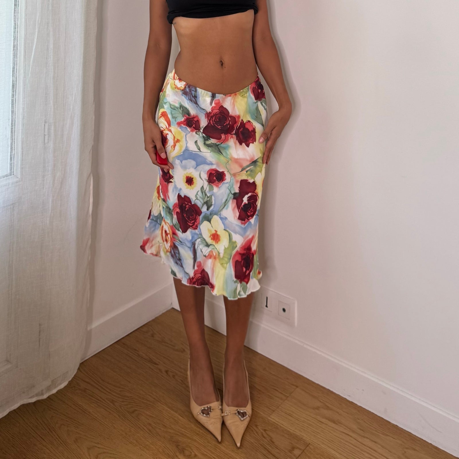 European vintage floral print mesh midi skirt with ruffled hem