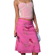 2000s Pink Floral Midi Skirt (XS/S)