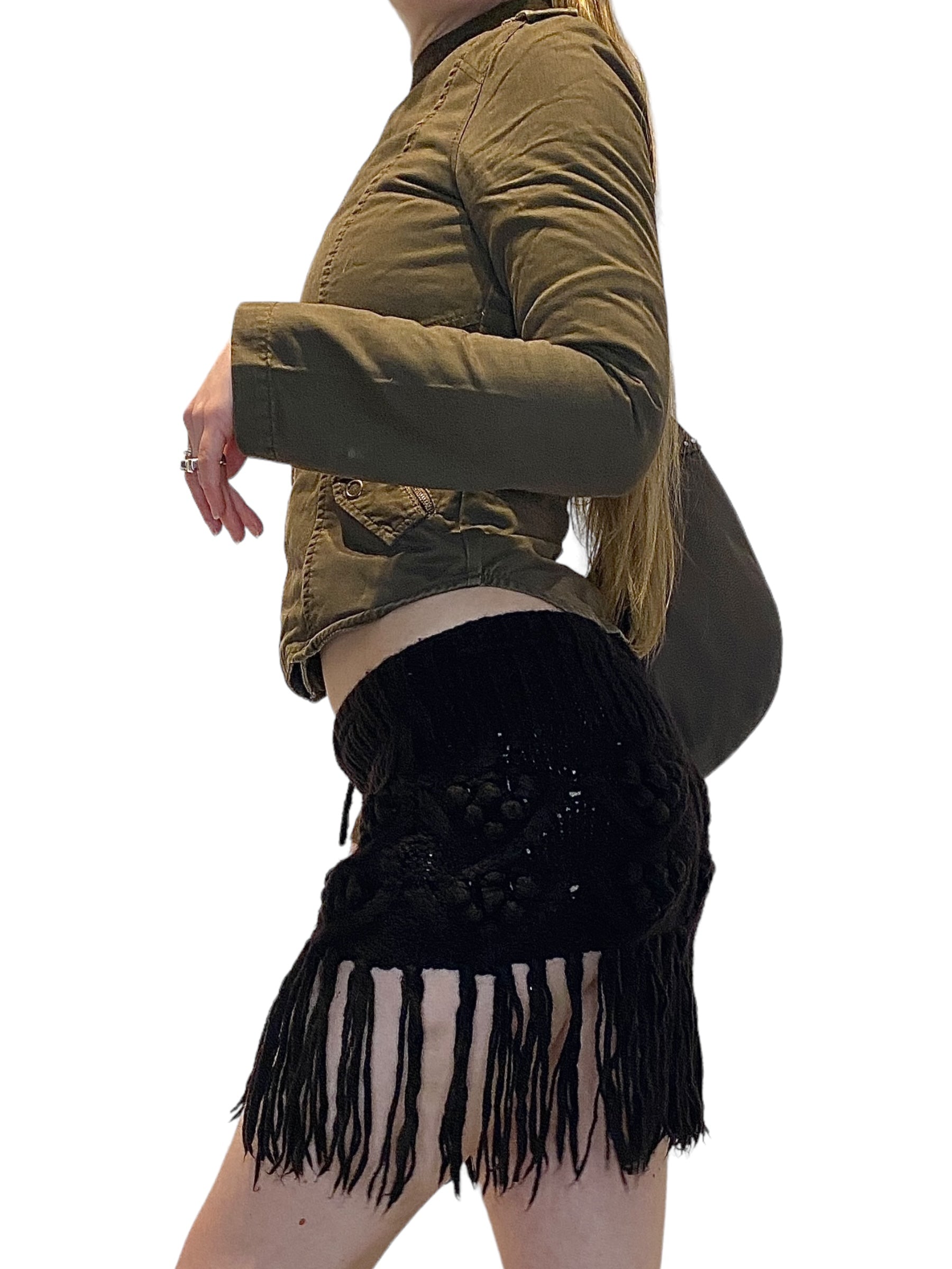 Vintage Crochet Wool Stretch Mini Skirt with Fringe (S)