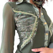 Vintage Italian Olive Sheer Mesh Button up Top (S)