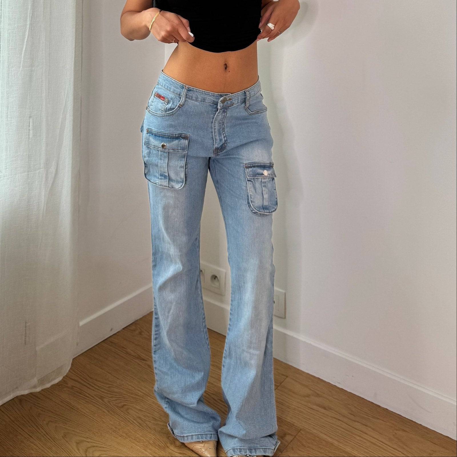 Vintage Blue Low Rise Cargo Flare Jeans (S)