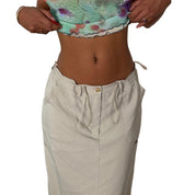 Euro vintage Y2K ivory cream low-rise cargo maxi skirt with drawstring waist & utility pockets