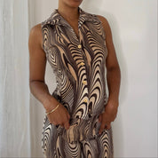 Italian Vintage Beige Brown Psychedelic Swirl Print 2 Piece Vest & Flared Pants Set