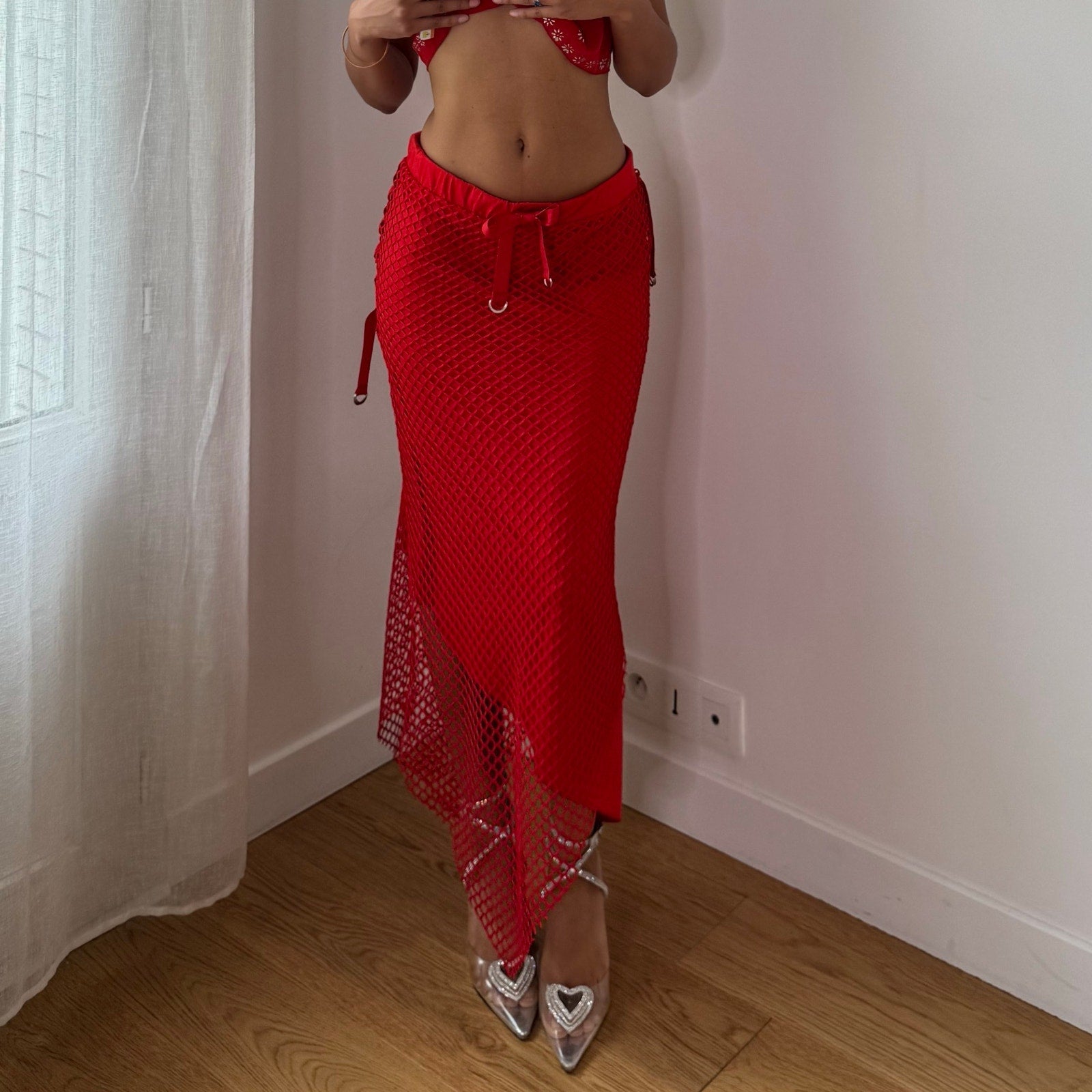 Vintage Red Fishnet Maxi Skirt (S)