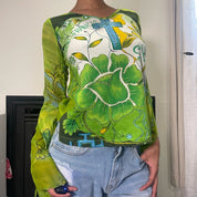 2000s lime green floral beaded blouse with dramatic mesh bell sleeves (S/M)