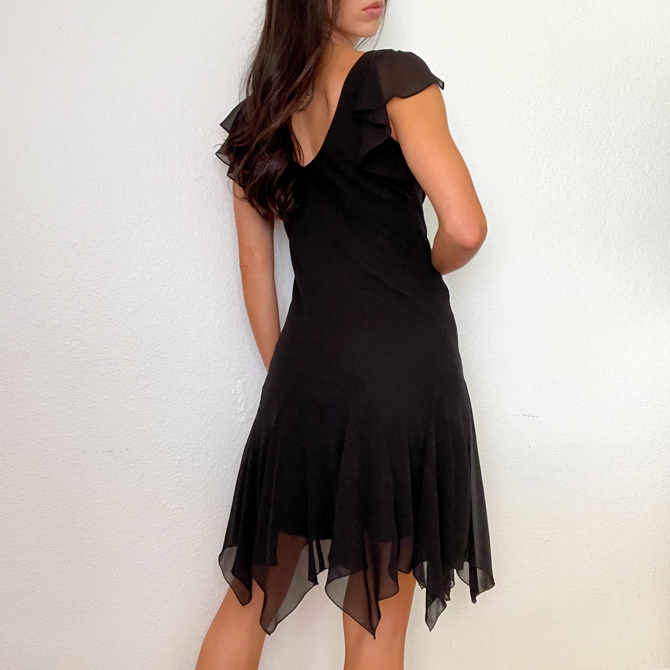 Black Embroidered Vintage Ruffle Midi Dress (M)