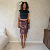 French vintage Y2K burgundy pink floral paisley mesh pencil skirt with braided fringe belt
