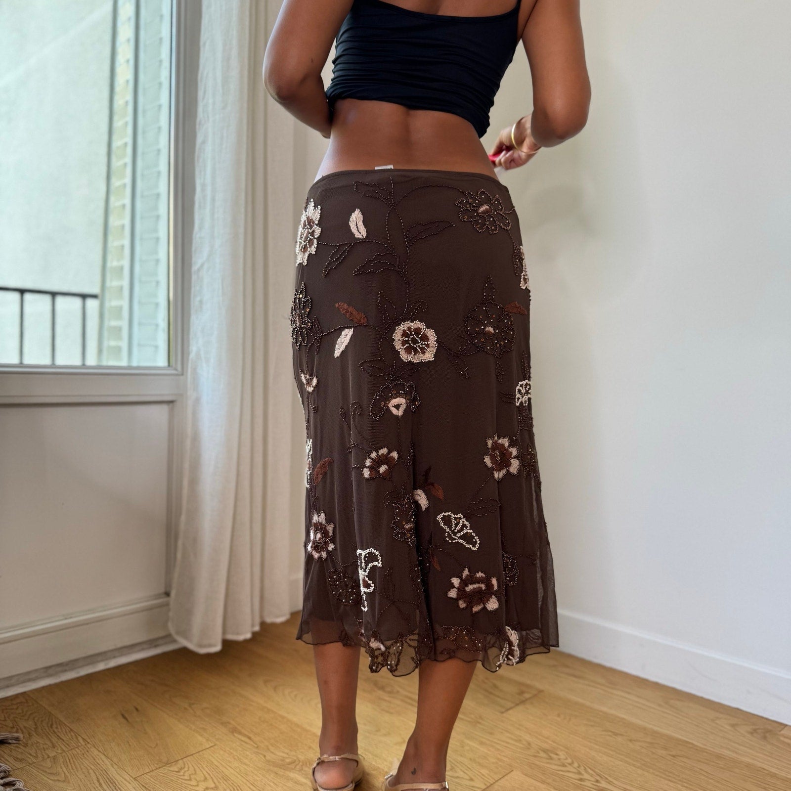 Vintage Ibiza Brown Beaded Floral Mesh Midi Skirt (S/M)