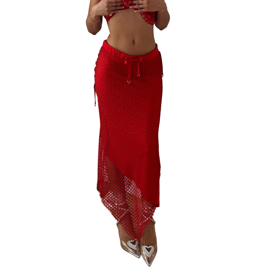 Vintage Red Fishnet Maxi Skirt (S)