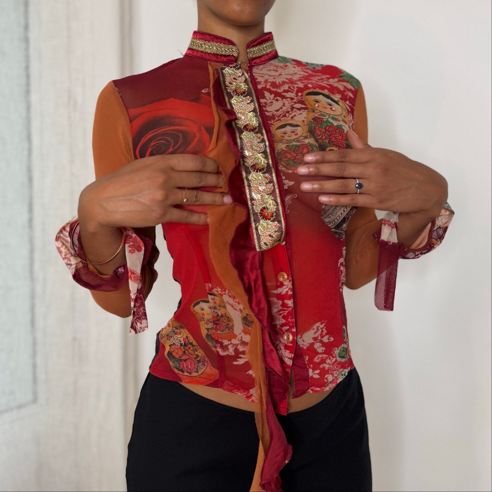Rare Italian vintage red orange graphic print semi-sheer mesh top with sequin