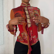 Rare Italian vintage red orange graphic print semi-sheer mesh top with sequin