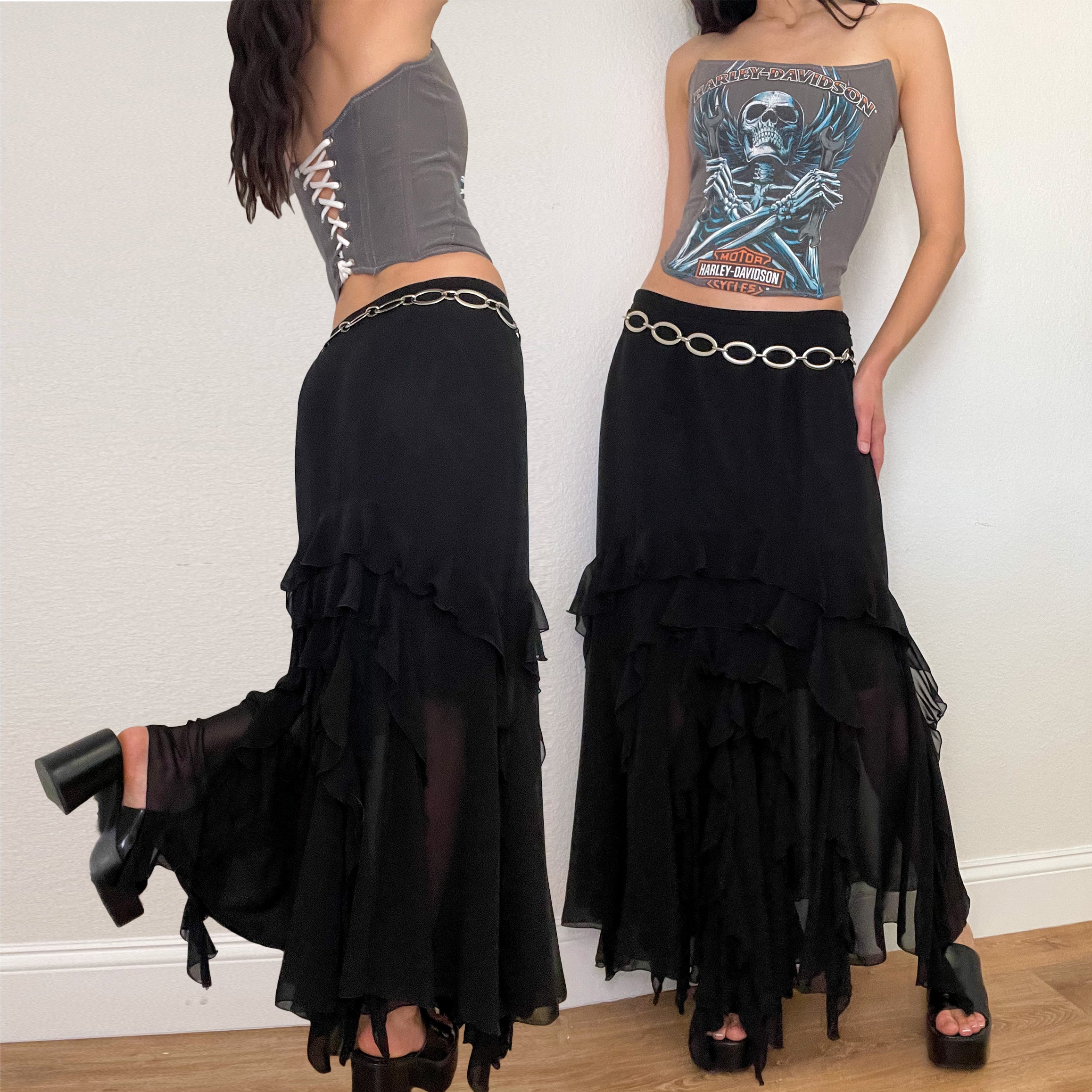 Black Ruffle Low Rise Maxi Skirt (S)