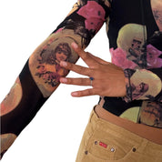 Mariella Burani Italian vintage Y2K black portrait print mesh top with Victorian medallions & pink roses
