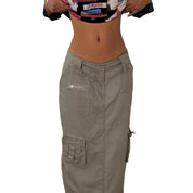 Italian vintage Y2K sage grey linen & cotton cargo maxi skirt with utility pockets & low-rise waist
