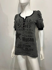 Vintage Cache Cache Stripe Henley Button Top with Graphic Print detail (M)