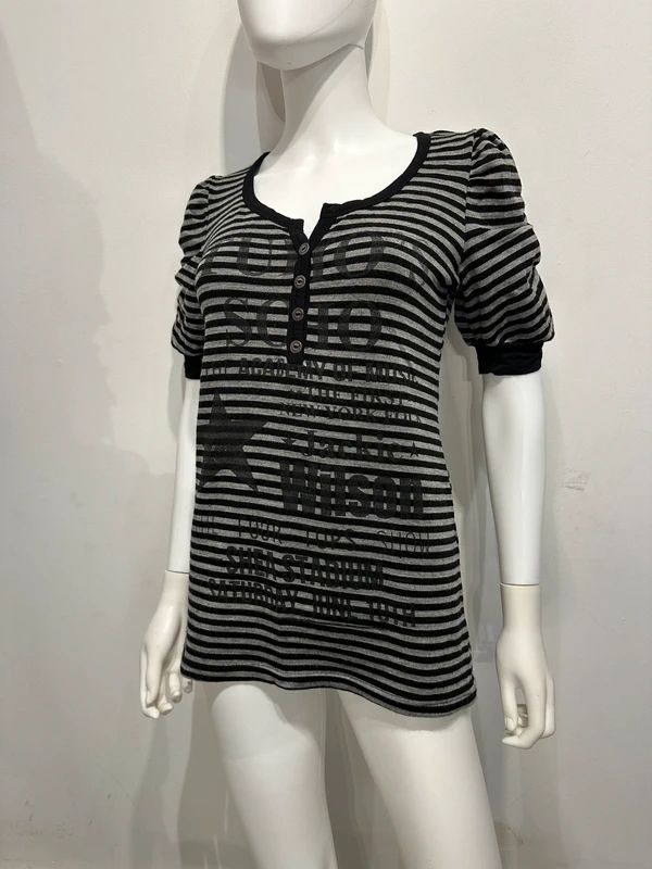 Vintage Cache Cache Stripe Henley Button Top with Graphic Print detail (M)