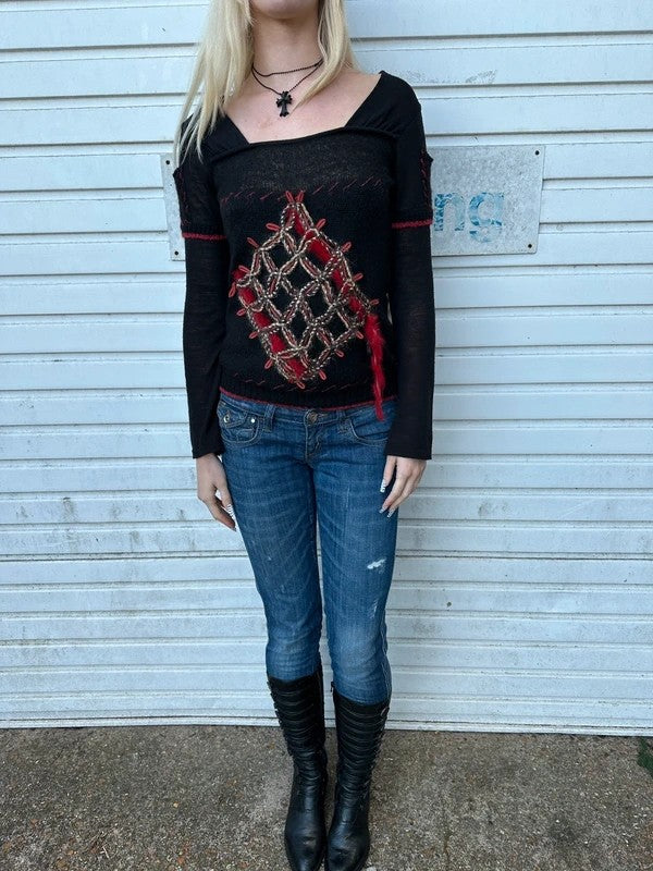 Vintage Save the Queen! Black Medieval Embroidered Knit Longsleeve (S)