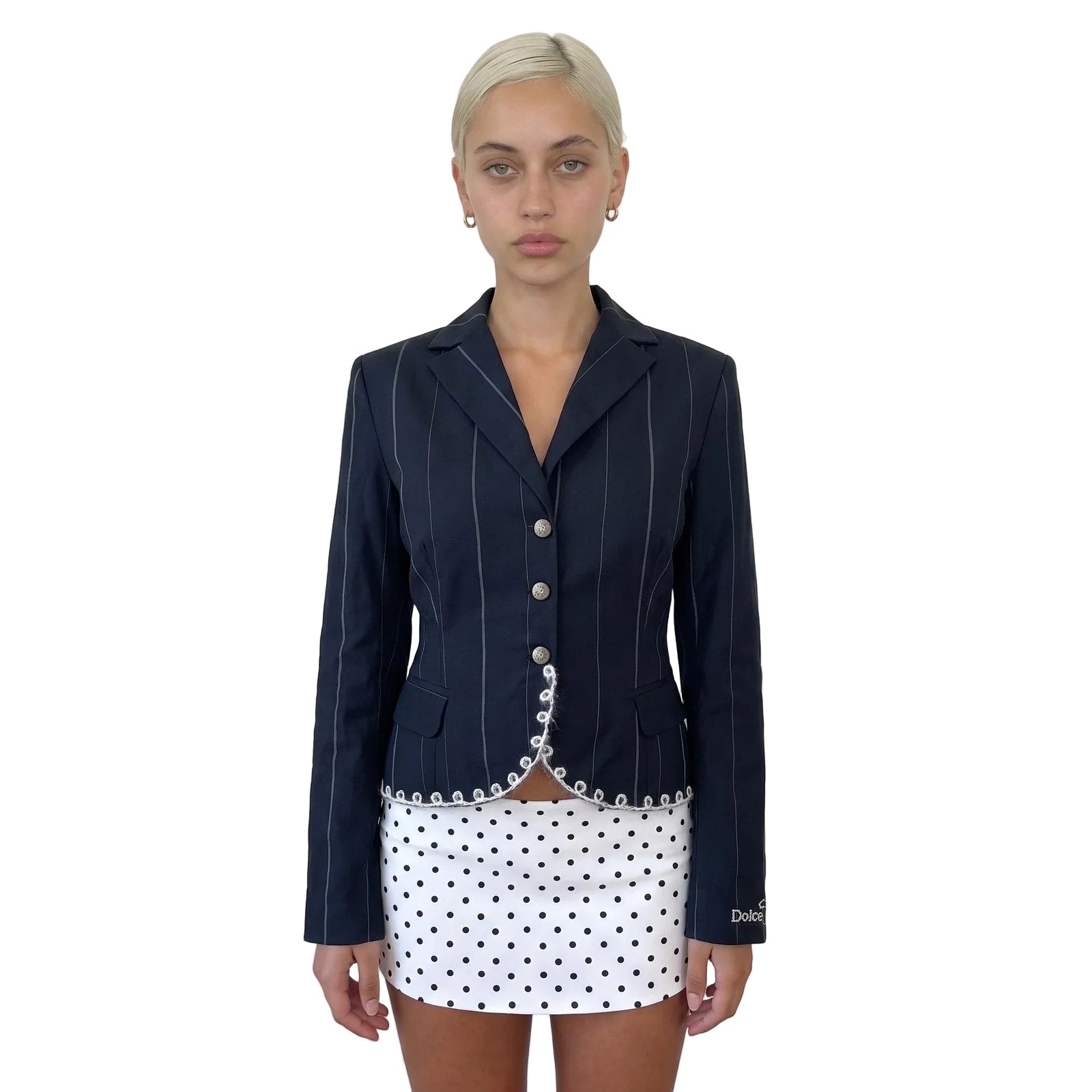 Vintage Black Pinstripe Wool Trim Jacket (S)