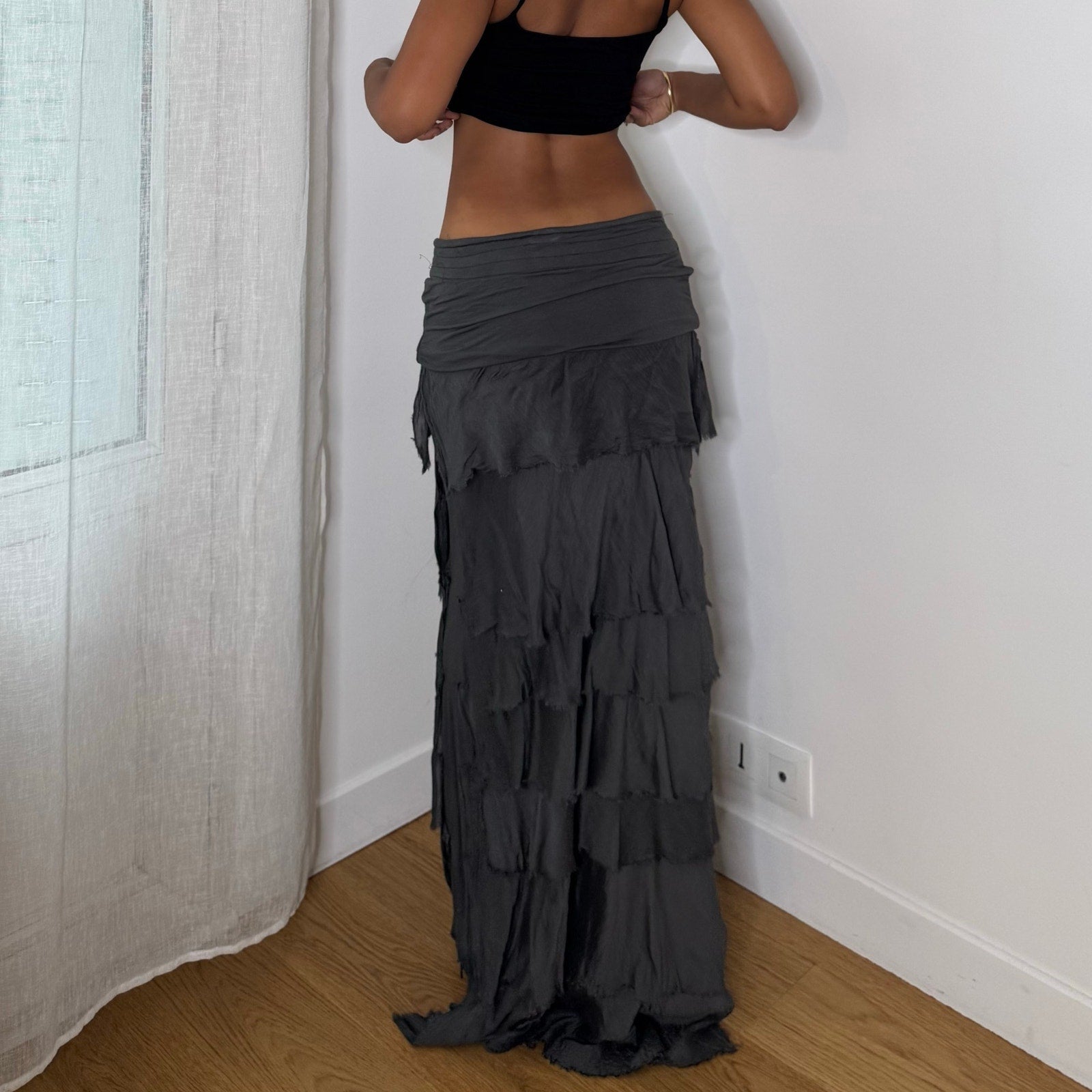 Italian vintage charcoal grey tiered maxi skirt with silk mesh ruffles