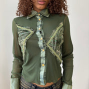 Vintage Italian Olive Sheer Mesh Button up Top (S)