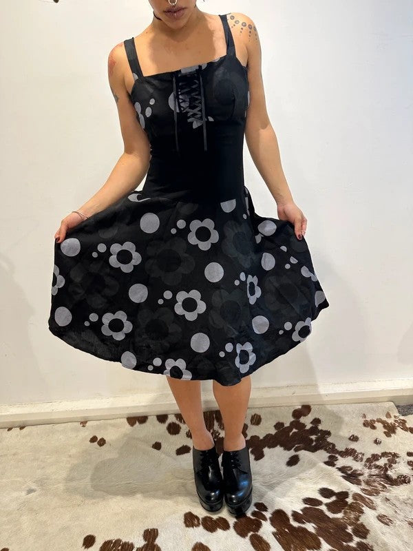 Vintage 2000s Milkmaid Cotton Black Midi Dress (S)