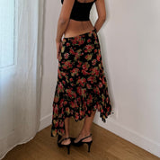 Twin-Set Italian vintage 2000s black floral mesh midi skirt with red roses, drawstring waist & asymmetric ruffle hem