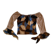 French vintage brown & blue patchwork print top with off shoulder neckline (M/L)