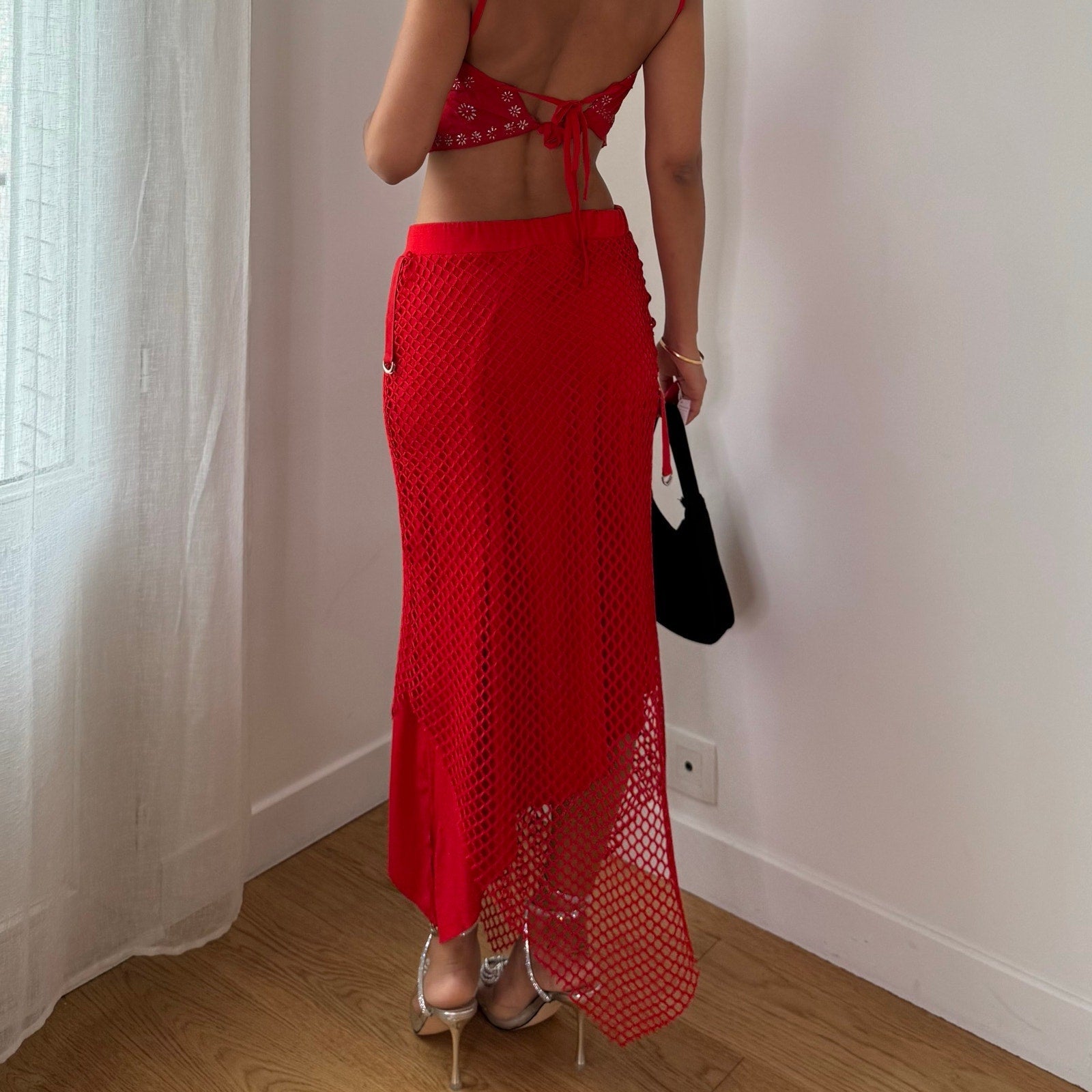 Vintage Red Fishnet Maxi Skirt (S)