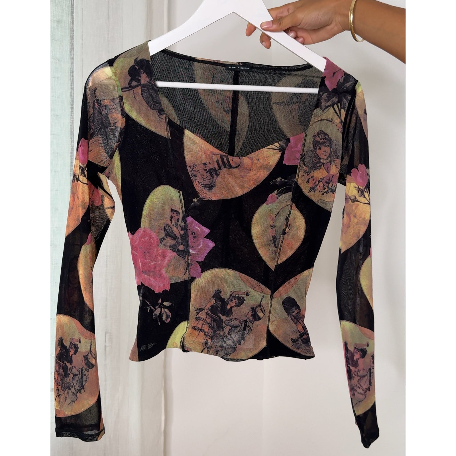 Mariella Burani Italian vintage Y2K black portrait print mesh top with Victorian medallions & pink roses